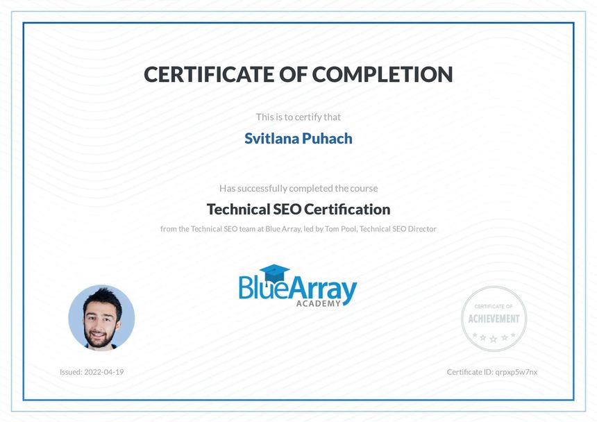 Бланк про проходження сертифікації Technical SEO, Великобританія
